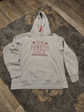 The North Face Men's Heather Gray Hoodie with Red Logo
